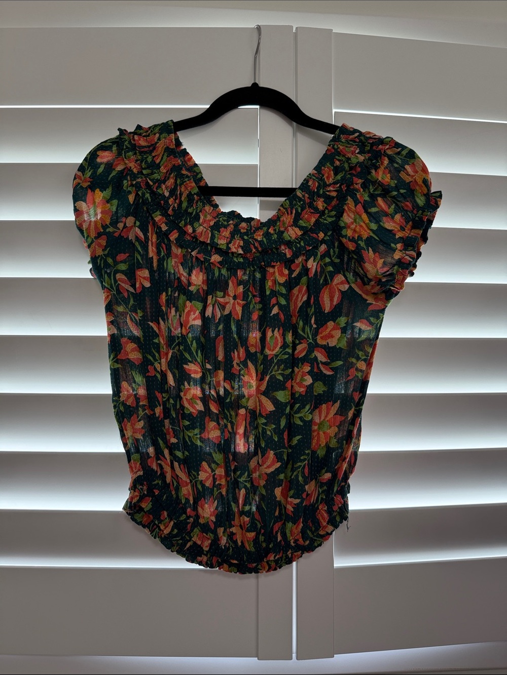 Free People Green Floral Smocked Ruffle-Neck Top